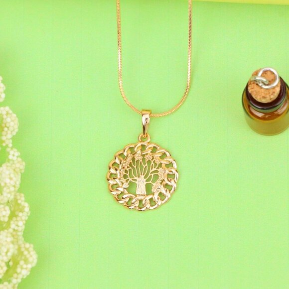 "Tree of Life Round Rose Gold Pendant with Chain Pattern Frame, XPPT1294 - Picture 3 of 12